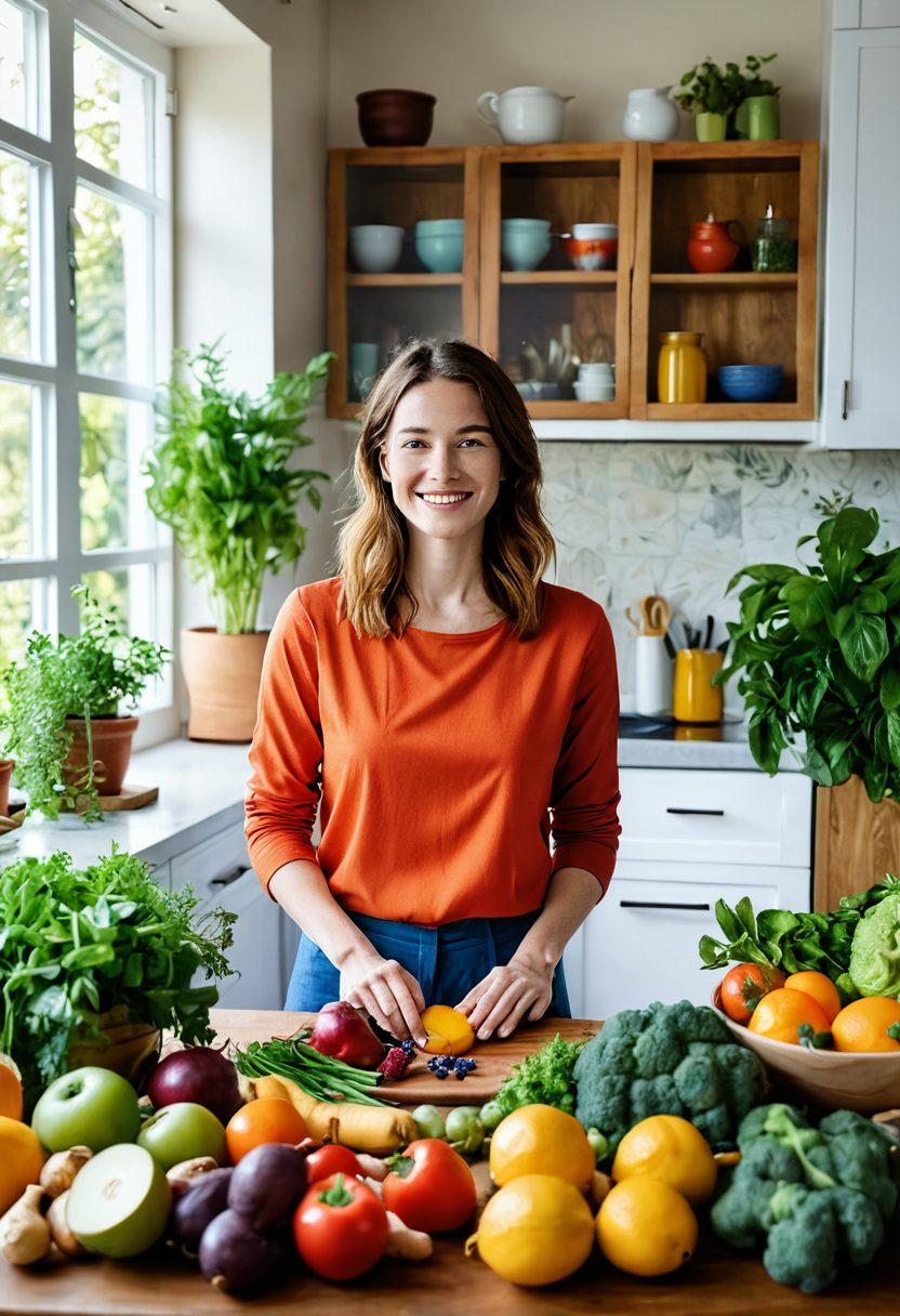 A serene kitchen setting filled with colorful fresh fruits, vegetables, and herbs, alongside a variety of holistic ingredients like ginger and turmeric, symbolizing gut health. Include a person smiling while preparing a healthy meal, surrounded by plants and natural light. A contrast of vibrant colors against a calming background. painting. vibrant colors.