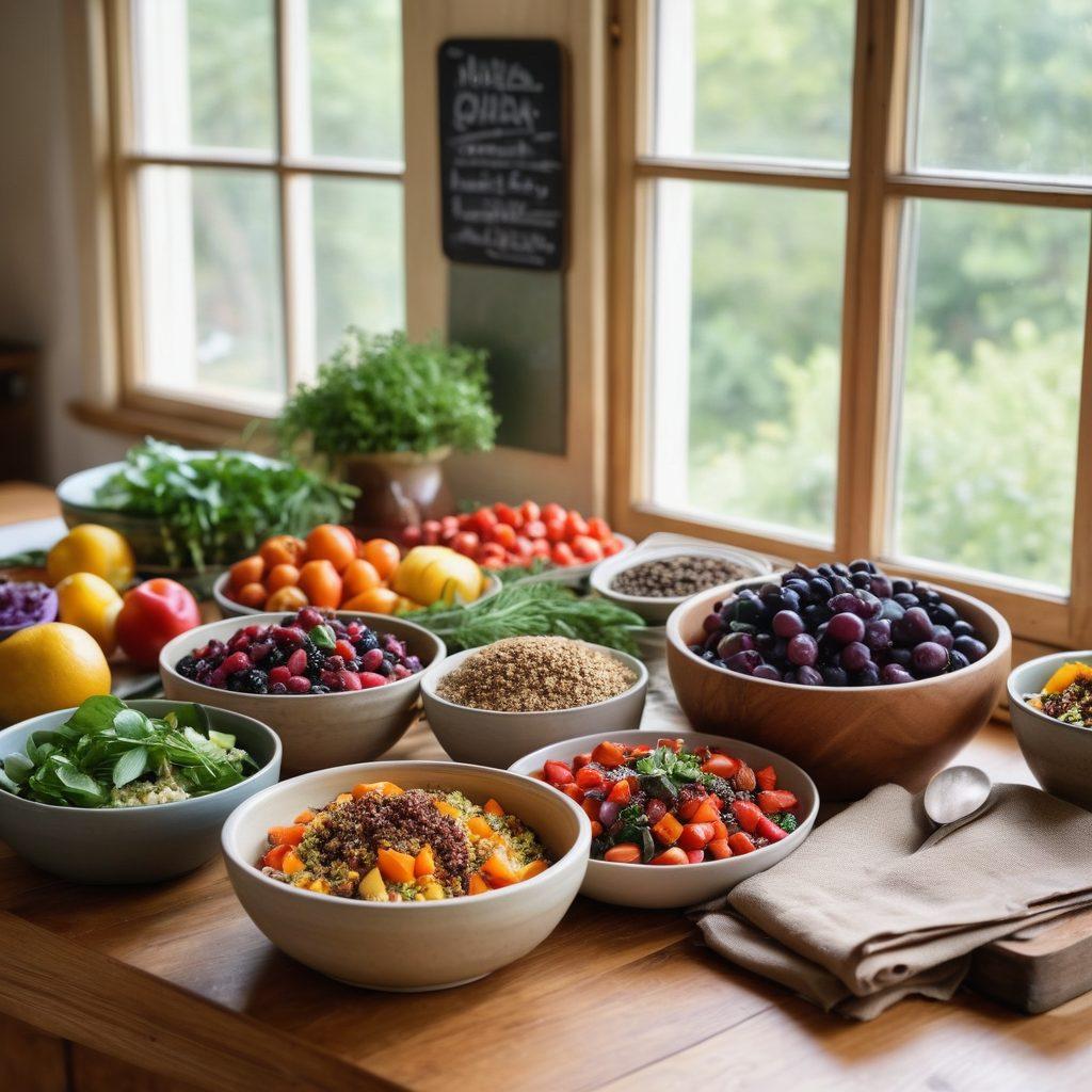 An inviting kitchen scene featuring a colorful spread of healthy, IBS-friendly meals including quinoa salads, roasted vegetables, and gluten-free grains. Bright fruits are scattered on a rustic wooden table, with a meal planner and fresh herbs. Soft natural light filters in through a window, creating a warm atmosphere. A chalkboard with healthy meal options is subtly in the background. vibrant colors. super-realistic.
