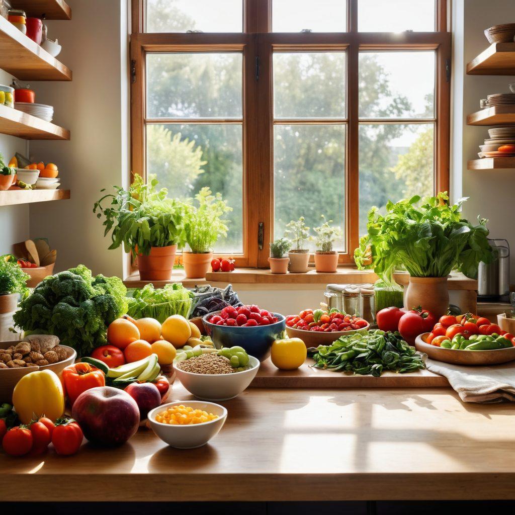A vibrant kitchen scene with fresh fruits, vegetables, and whole grains artfully arranged on a wooden countertop, conveying a sense of healthy eating. Include a serene individual preparing a colorful salad, radiating calm and joy. In the background, shelves filled with IBS-friendly cookbooks and green plants create a warm atmosphere. Bright sunlight beams through a window, illuminating the scene. super-realistic. vibrant colors. natural light.